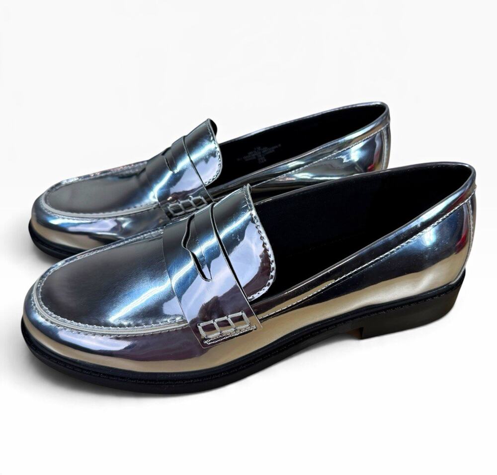 Size 7Marc Fisher Mailitha Silver Metallic Slip On Loafer Block Heel Almond Toe